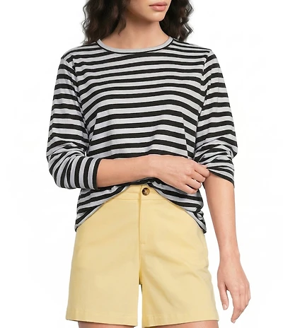Westbound Perfect Outfit Picks Stripe Print 3/4 Sleeve Crew Neck Top