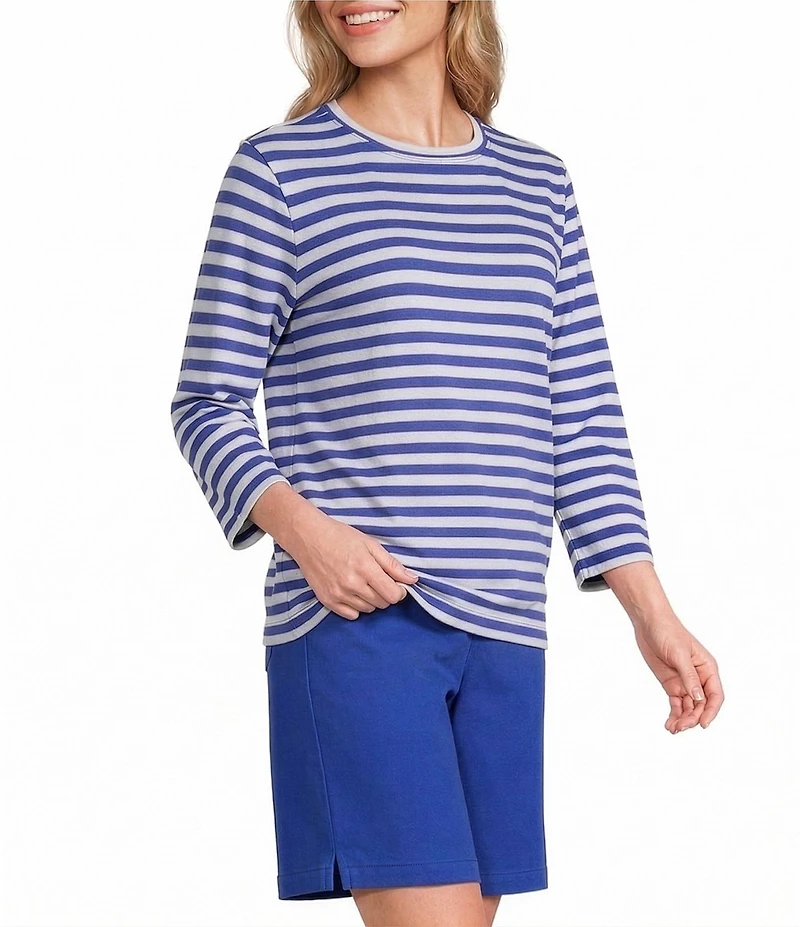 Westbound Perfect Outfit Picks Stripe Print 3/4 Sleeve Crew Neck Top