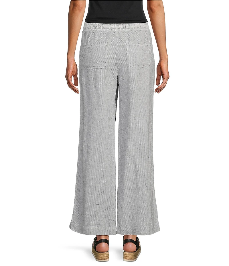 Westbound Stripe Print Smocked Waist Mid Rise Wide Leg Linen Pants