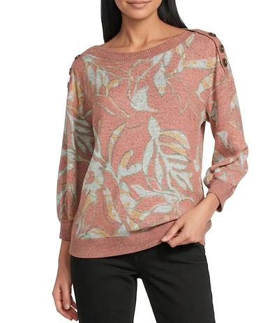 Westbound Sunset Leaf Print Knit Long Sleeve Button Shoulder Pullover Top