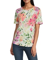Westbound Tea Rose Perennial Floral Print Short Sleeve Crew Neck Top