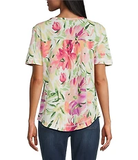 Westbound Tea Rose Perennial Floral Print Short Sleeve Crew Neck Top