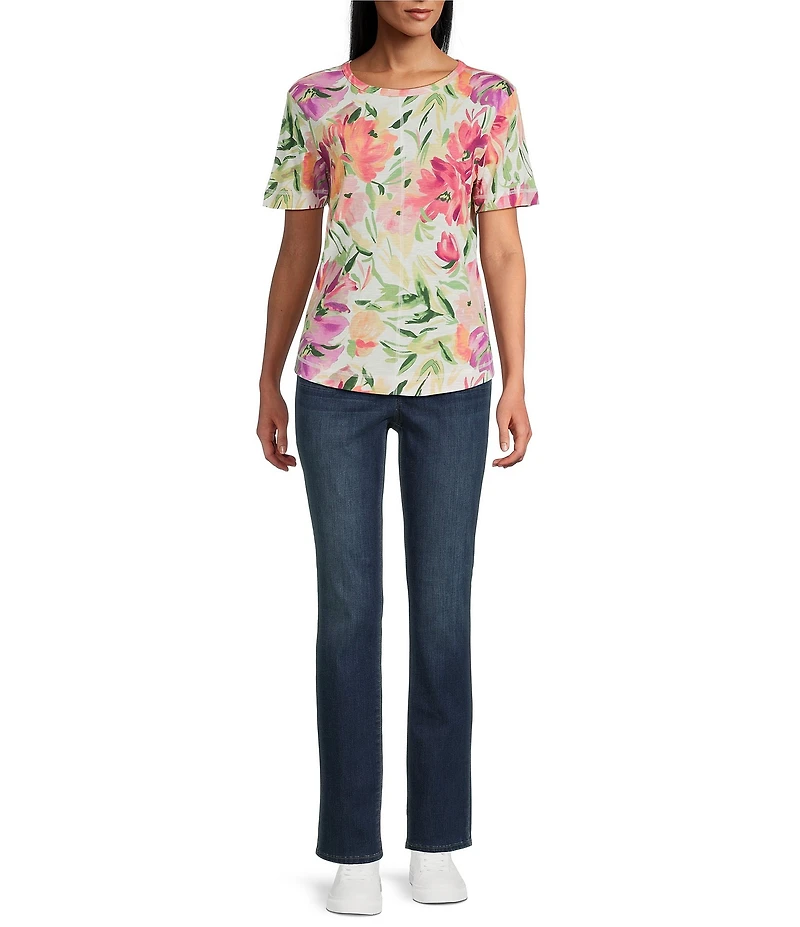 Westbound Tea Rose Perennial Floral Print Short Sleeve Crew Neck Top