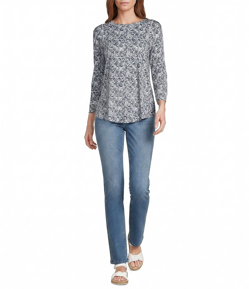 Westbound Textured Geo Print 3/4 Sleeve Knit Crew Neck Top