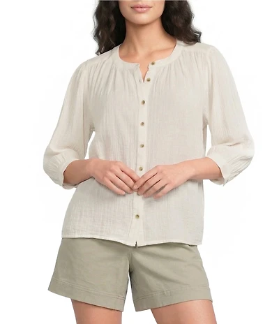 Westbound Banded Collar 3/4 Sleeve Button Front Top