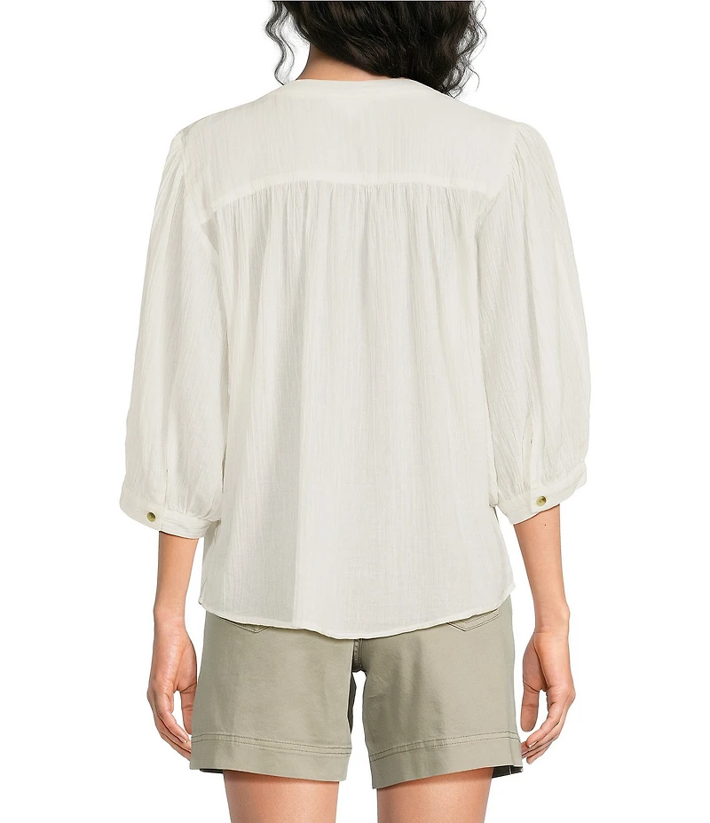 Westbound Banded Collar 3/4 Sleeve Button Front Top