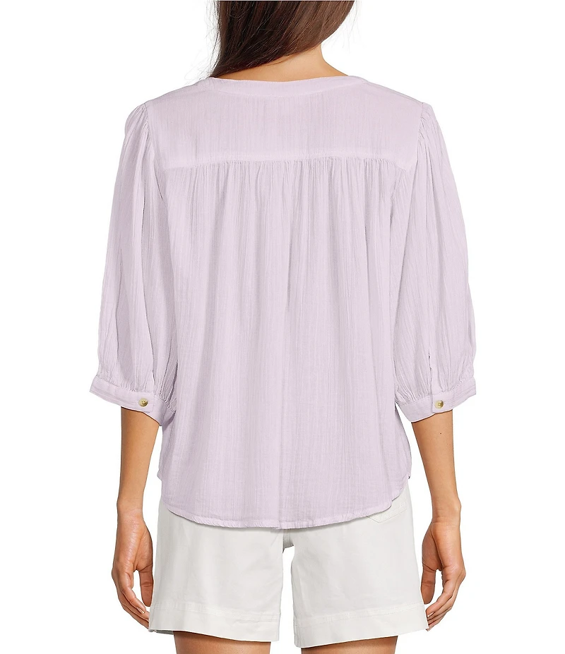 Westbound Banded Collar 3/4 Sleeve Button Front Top