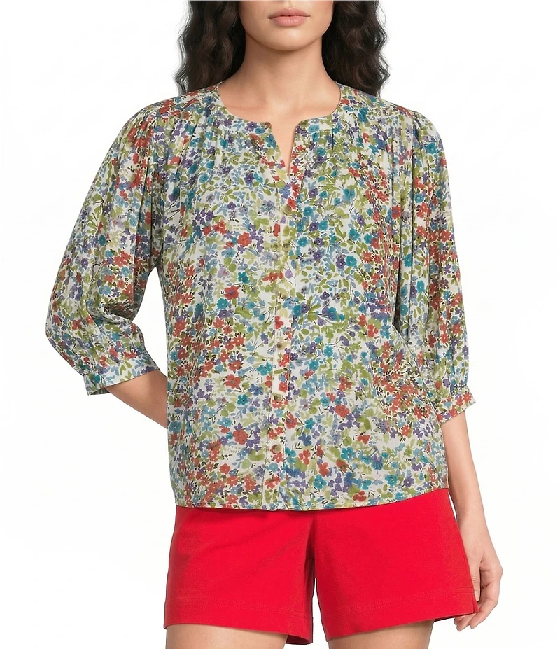 Westbound V-Neck 3/4 Sleeve Button Front Top