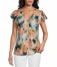 Westbound V-Neck Button Front Flutter Sleeve Top