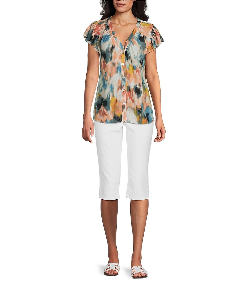 Westbound V-Neck Button Front Flutter Sleeve Top