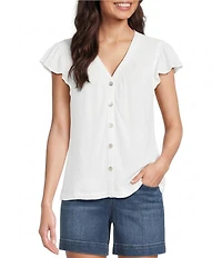 Westbound V-Neck Button Front Flutter Sleeve Top