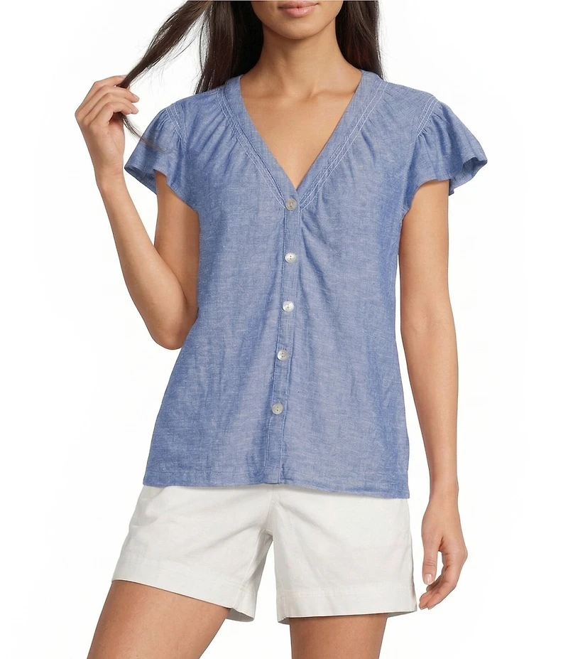 Westbound V-Neck Button Front Flutter Sleeve Top
