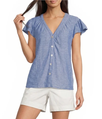 Westbound V-Neck Button Front Flutter Sleeve Top