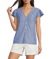 Westbound V-Neck Button Front Flutter Sleeve Top