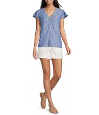 Westbound V-Neck Button Front Flutter Sleeve Top