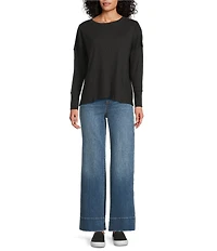 Westbound Waffle Solid Long Sleeve Crew Neck Pullover Top