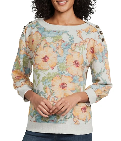 Westbound Watercolor Floral Print Knit Long Sleeve Button Shoulder Pullover Top