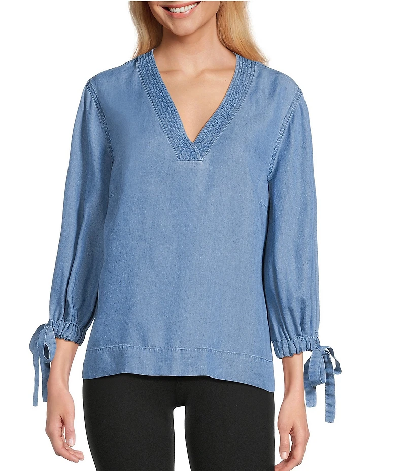 Westbound Woven 3/4 Tie Sleeve V-Neck Top