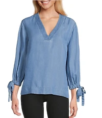 Westbound Woven 3/4 Tie Sleeve V-Neck Top