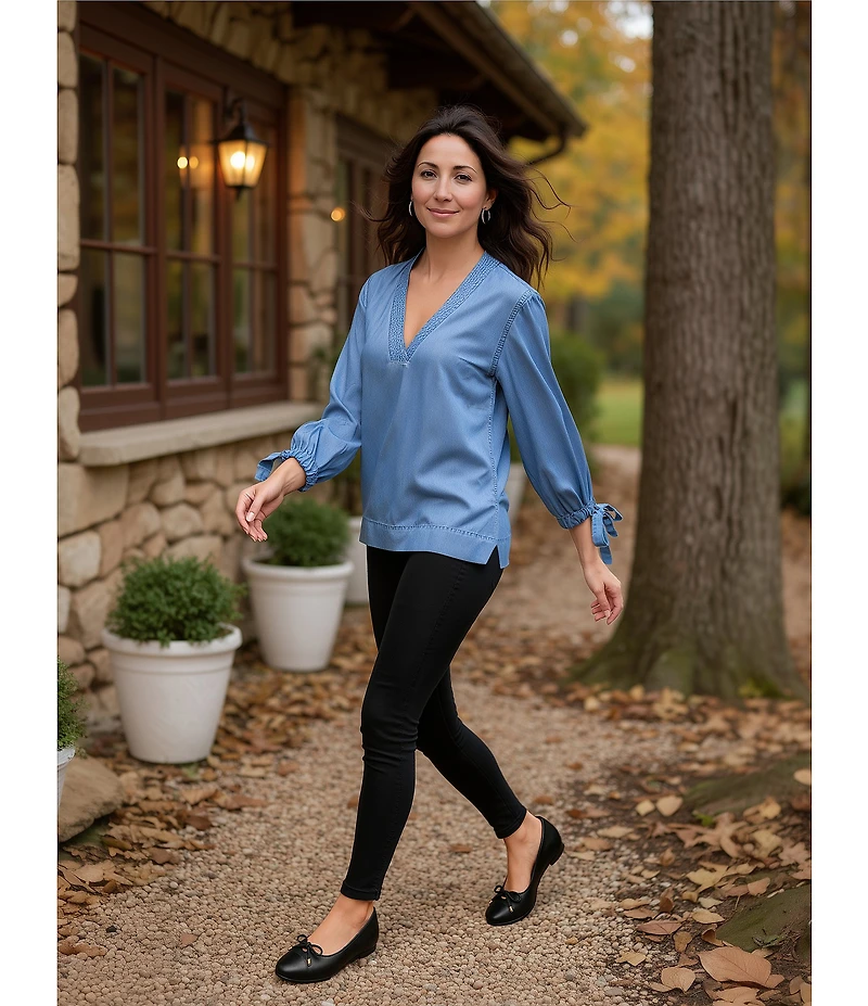 Westbound Woven 3/4 Tie Sleeve V-Neck Top