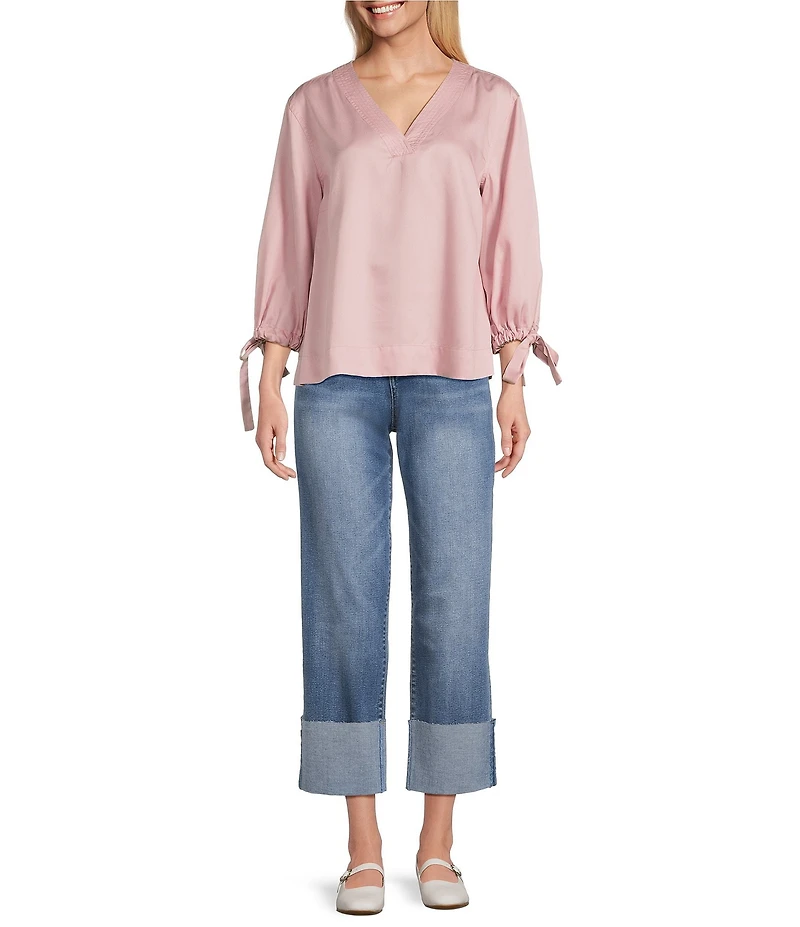 Westbound Woven 3/4 Tie Sleeve V-Neck Top