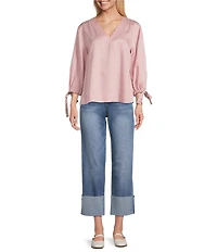 Westbound Woven 3/4 Tie Sleeve V-Neck Top