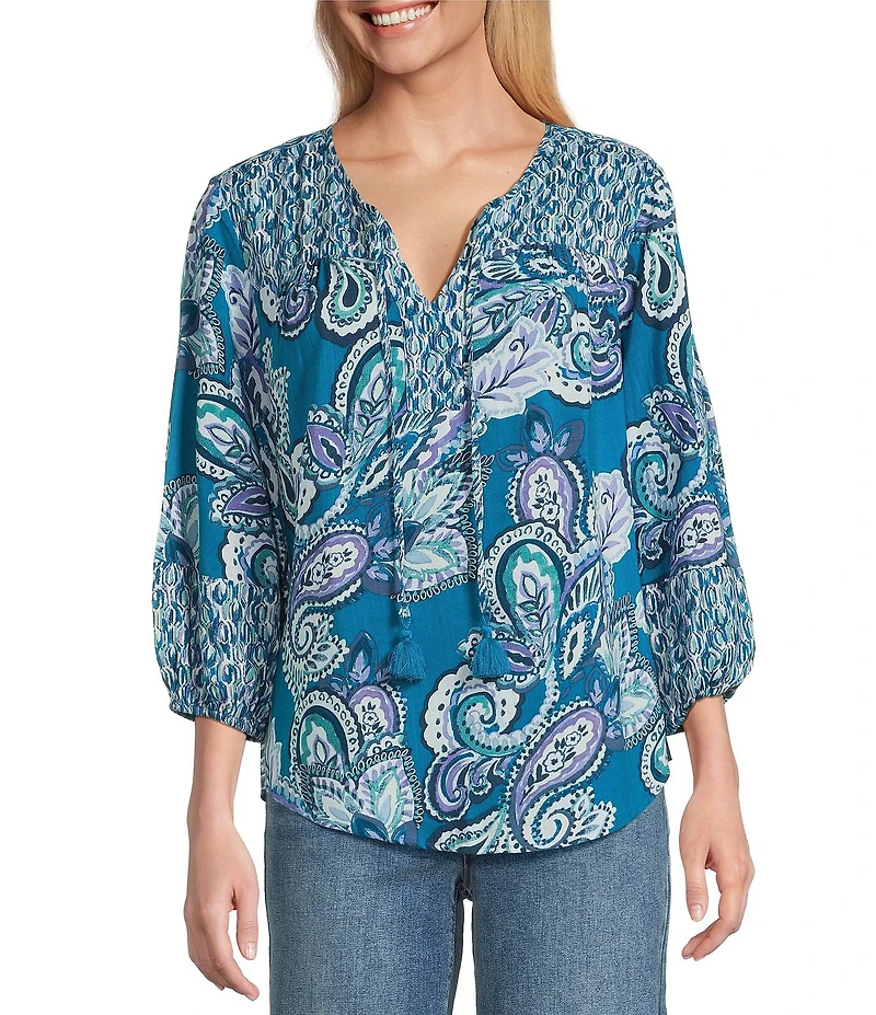 Westbound Woven Celestial Spice Mix Paisley 3/4 Sleeve V-Neck Tie Top