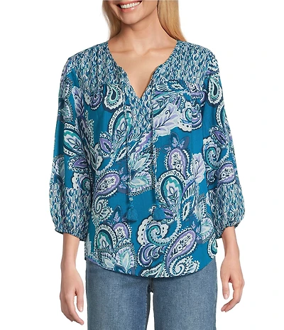 Westbound Woven Celestial Spice Mix Paisley 3/4 Sleeve V-Neck Tie Top