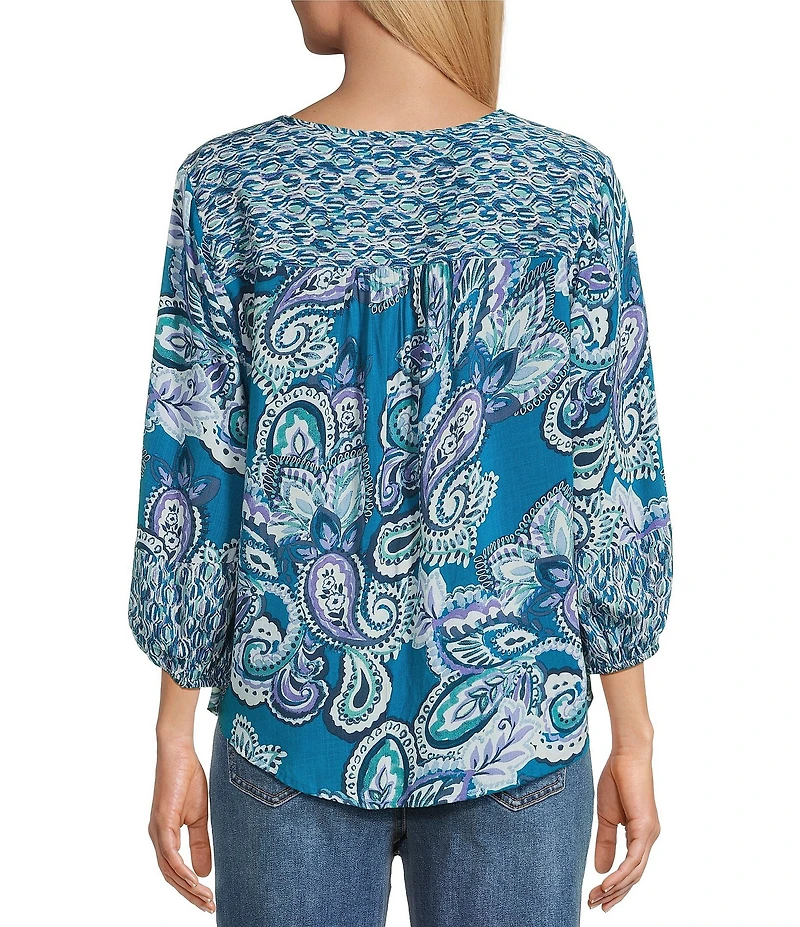 Westbound Woven Celestial Spice Mix Paisley 3/4 Sleeve V-Neck Tie Top