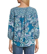 Westbound Woven Celestial Spice Mix Paisley 3/4 Sleeve V-Neck Tie Top