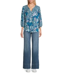Westbound Woven Celestial Spice Mix Paisley 3/4 Sleeve V-Neck Tie Top