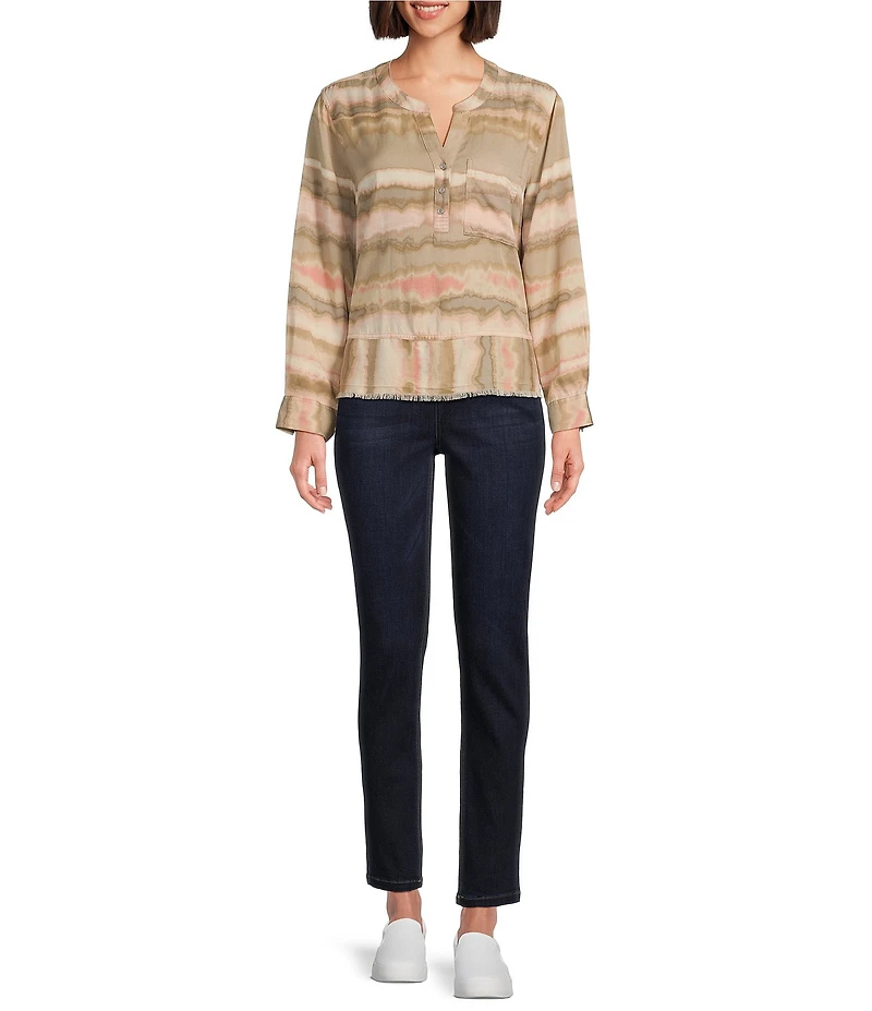 Westbound Woven Diffused Stripe Long Roll-Tab Sleeve Henley Patch Pocket Top