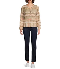 Westbound Woven Diffused Stripe Long Roll-Tab Sleeve Henley Patch Pocket Top