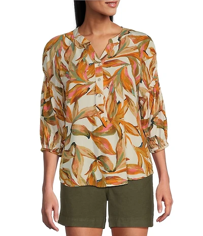 Westbound Woven Elbow Smock Sleeve Henley Blouse
