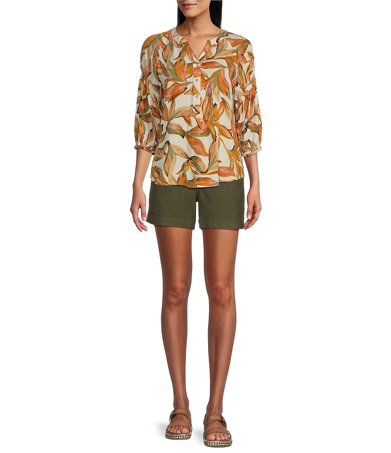 Westbound Woven Elbow Smock Sleeve Henley Blouse