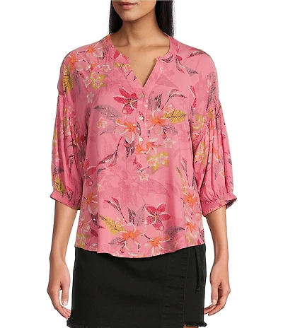 Westbound Floral Woven Elbow Smock Sleeve Henley Blouse