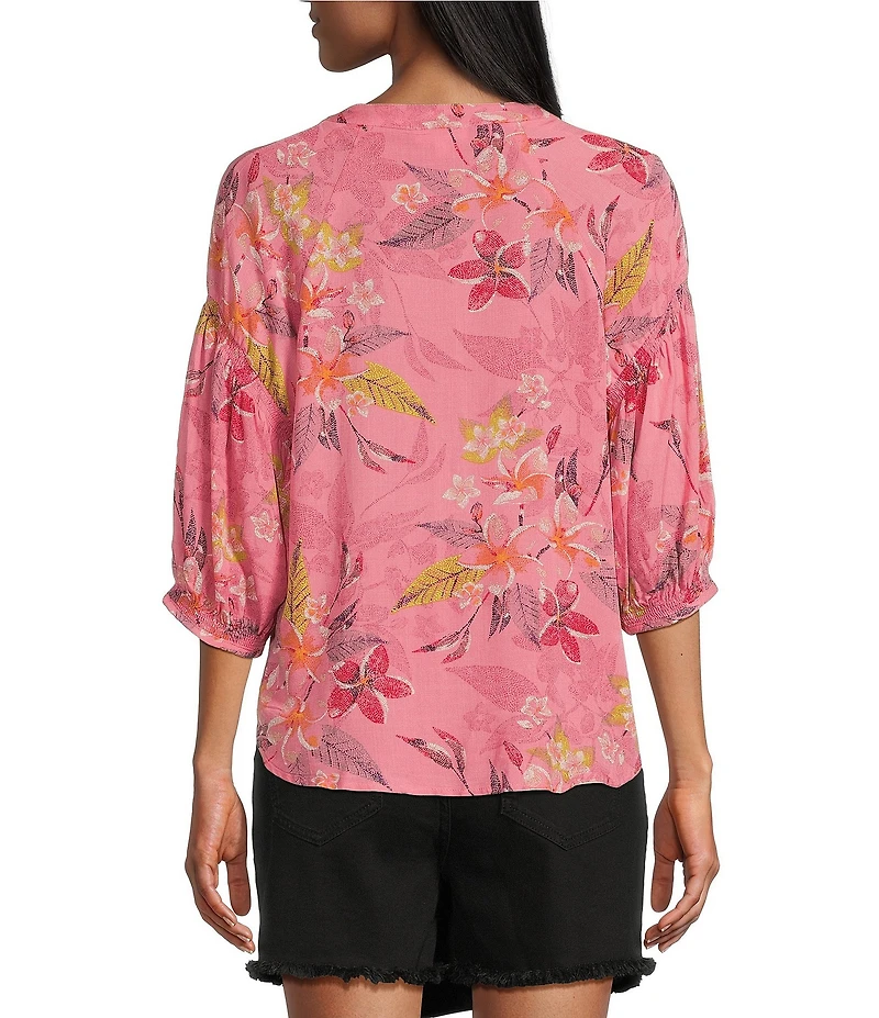 Westbound Floral Woven Elbow Smock Sleeve Henley Blouse