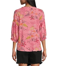 Westbound Floral Woven Elbow Smock Sleeve Henley Blouse