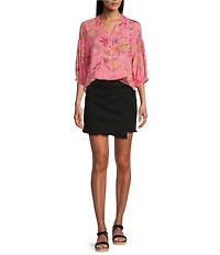 Westbound Floral Woven Elbow Smock Sleeve Henley Blouse