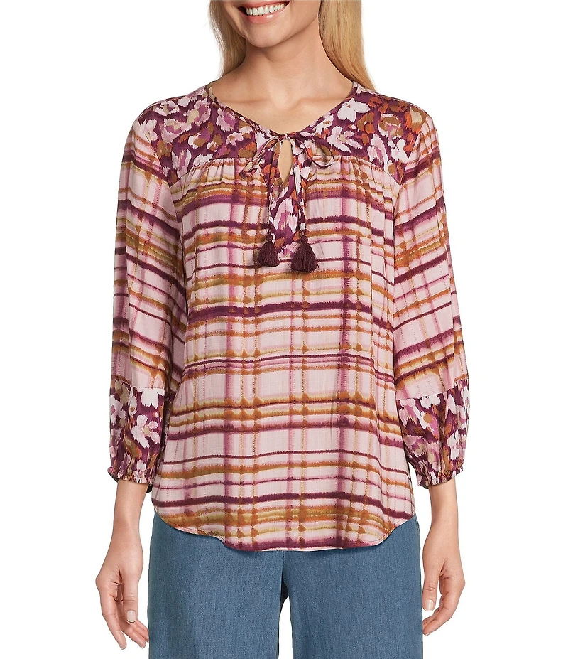 Westbound Woven Floral 3/4 Sleeve V-Neck Tie Blouse