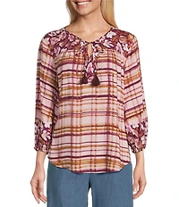 Westbound Woven Floral 3/4 Sleeve V-Neck Tie Blouse