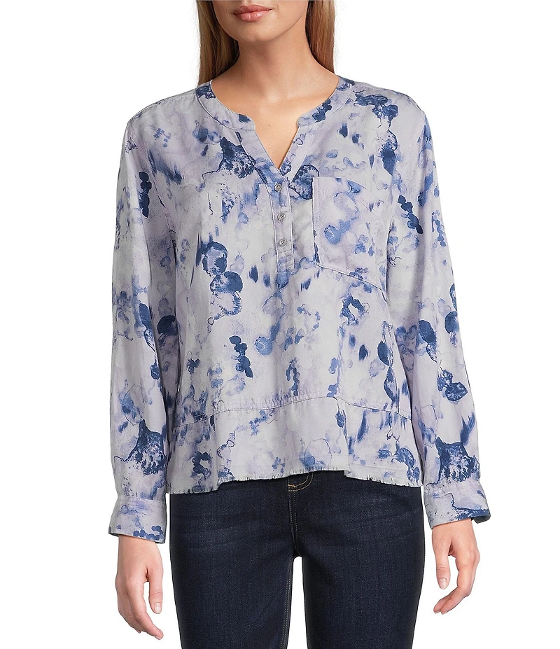 Westbound Woven Layered Splatter Long Roll-Tab Sleeve Henley Patch Pocket Top