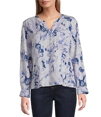 Westbound Woven Layered Splatter Long Roll-Tab Sleeve Henley Patch Pocket Top
