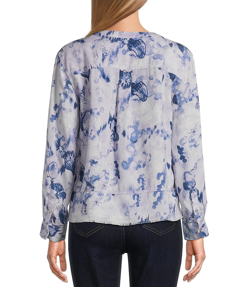 Westbound Woven Layered Splatter Long Roll-Tab Sleeve Henley Patch Pocket Top