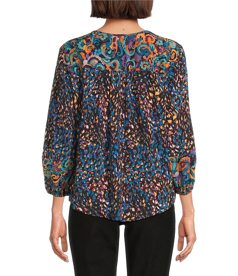 Westbound Woven Multi Fanned Flourish 3/4 Sleeve V-Neck Tie Blouse