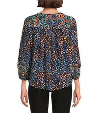 Westbound Woven Multi Fanned Flourish 3/4 Sleeve V-Neck Tie Blouse