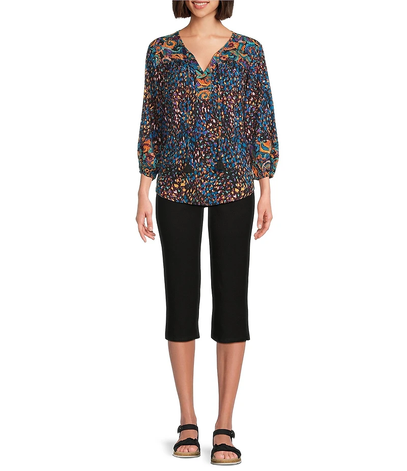 Westbound Woven Multi Fanned Flourish 3/4 Sleeve V-Neck Tie Blouse