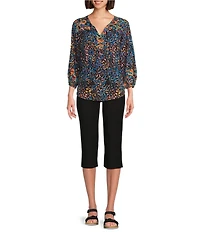 Westbound Woven Multi Fanned Flourish 3/4 Sleeve V-Neck Tie Blouse