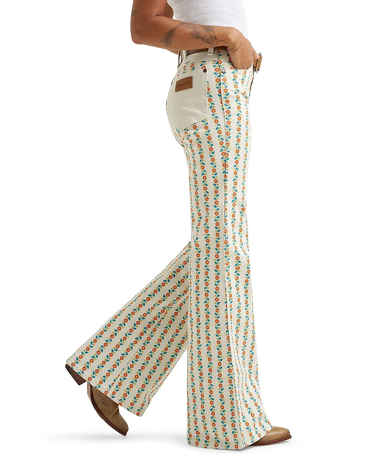 Wrangler 70s Flare Stripe Floral Print High Rise Flare Leg Jeans