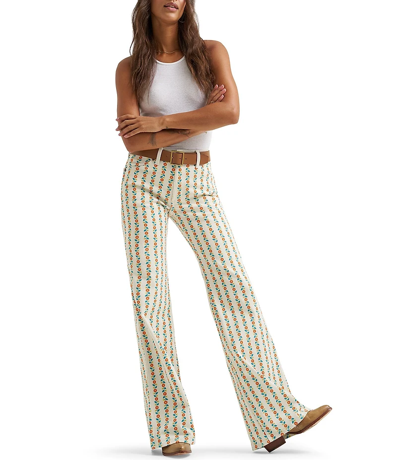Wrangler 70s Flare Stripe Floral Print High Rise Flare Leg Jeans